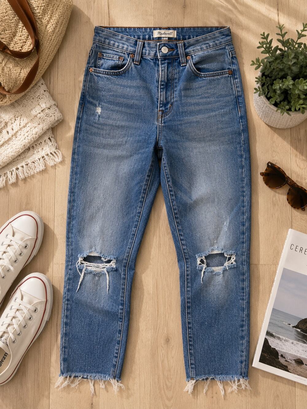 Madewell High Rise Slim Boyjean Jeans Women's 27 Blue Distressed Raw Hem Ripped